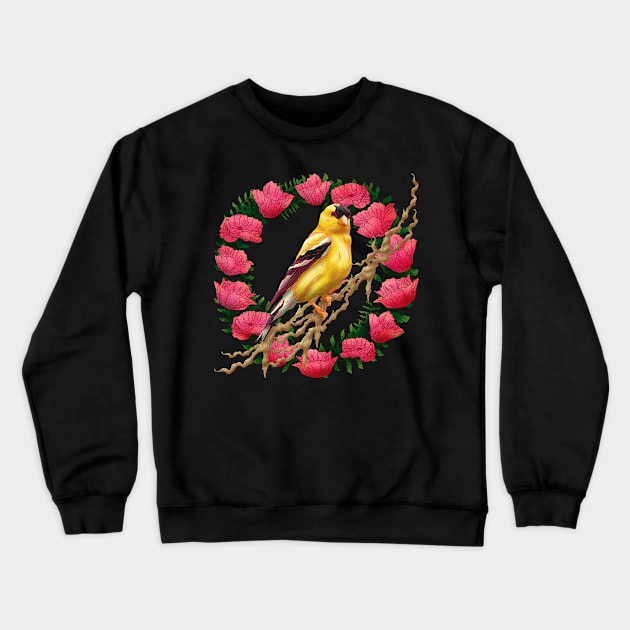 American Goldfinch Head Bird on Pink Flowers Crewneck Sweatshirt by Spirit Animals 21